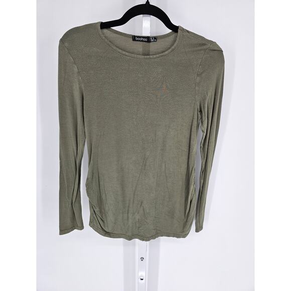Boohoo Womens Sz 4 Long Sleeve Crew Neck T Shirt Olive Green - Picture 1 of 3